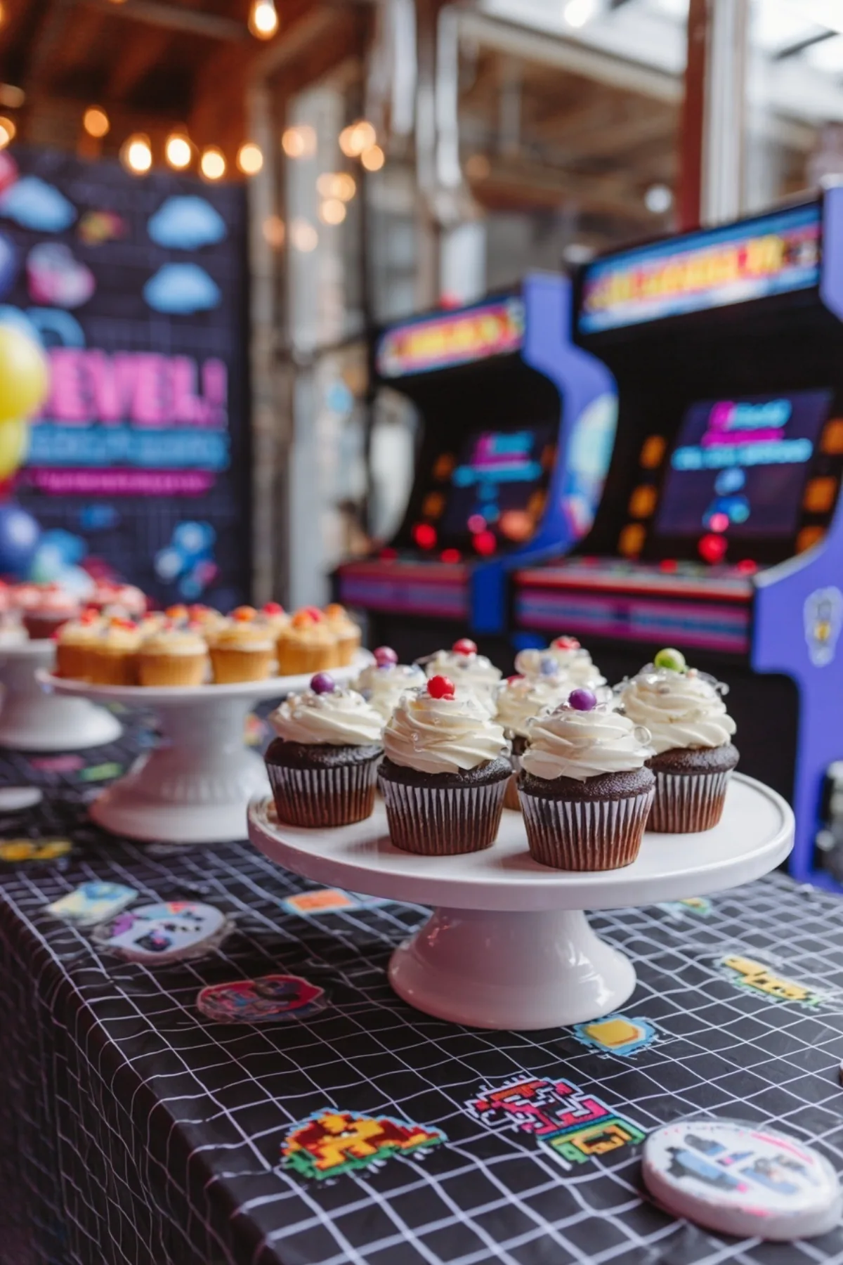 Cupcakes on a cake stand in front of arcade machines