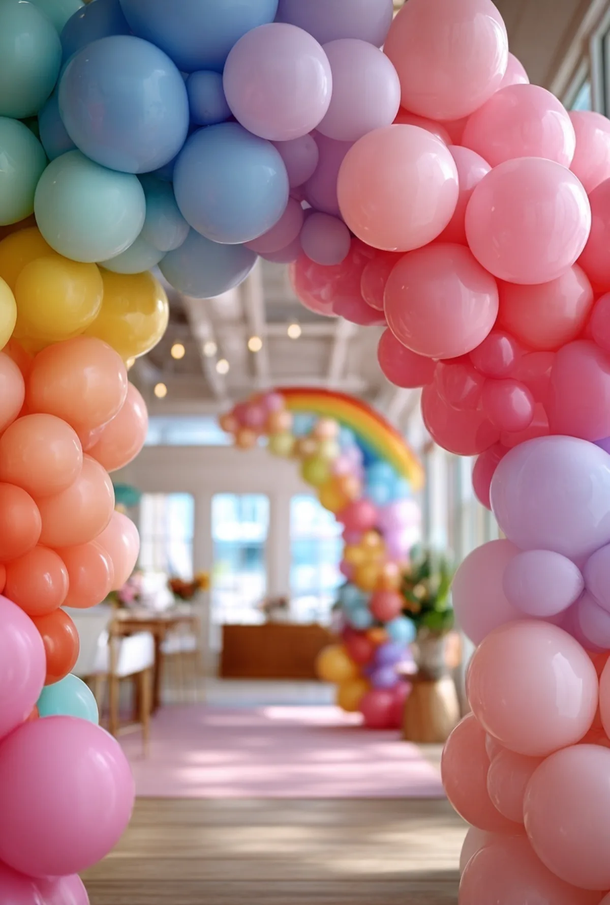 A pastel balloon arch framing a sunlit room