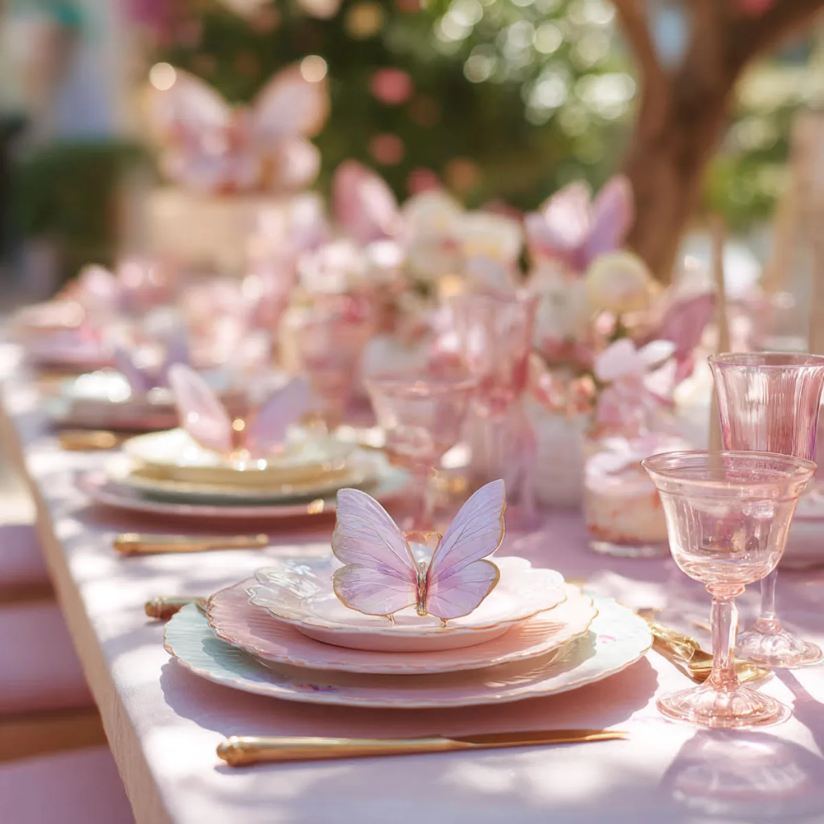 A pale pink place setting with a translucent butterfly resting on the plate