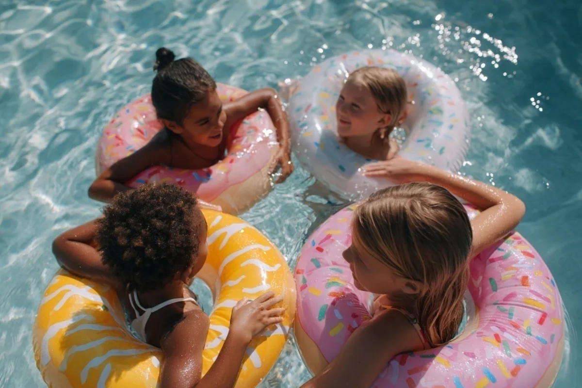 Four children floating on ring floats in a sunlit pool, seen from above