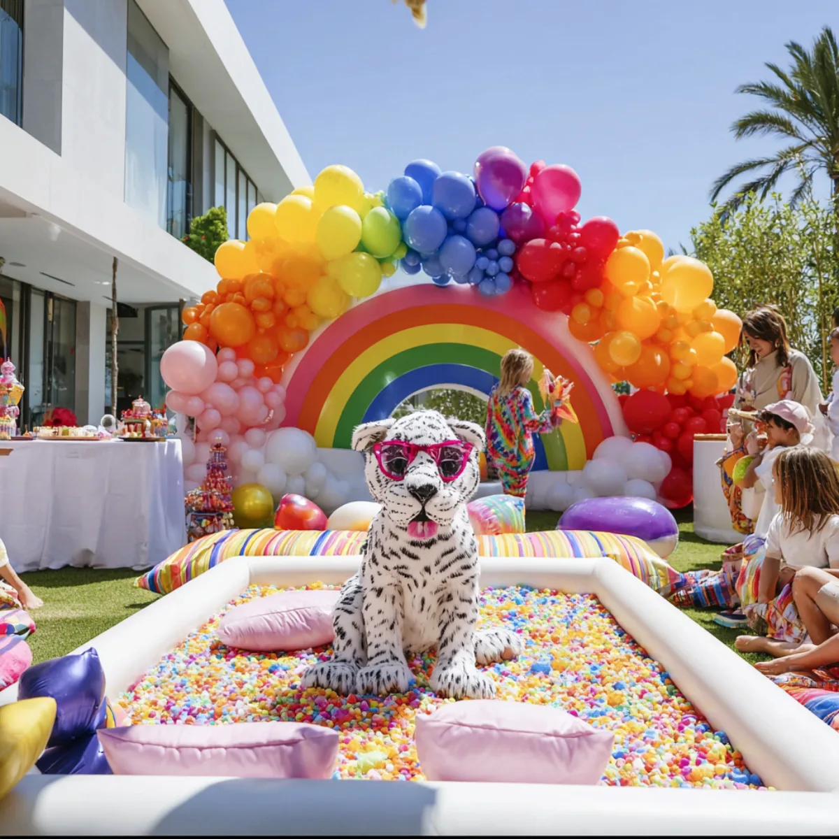 A garden celebration with a balloon arch, ball pit and children watching