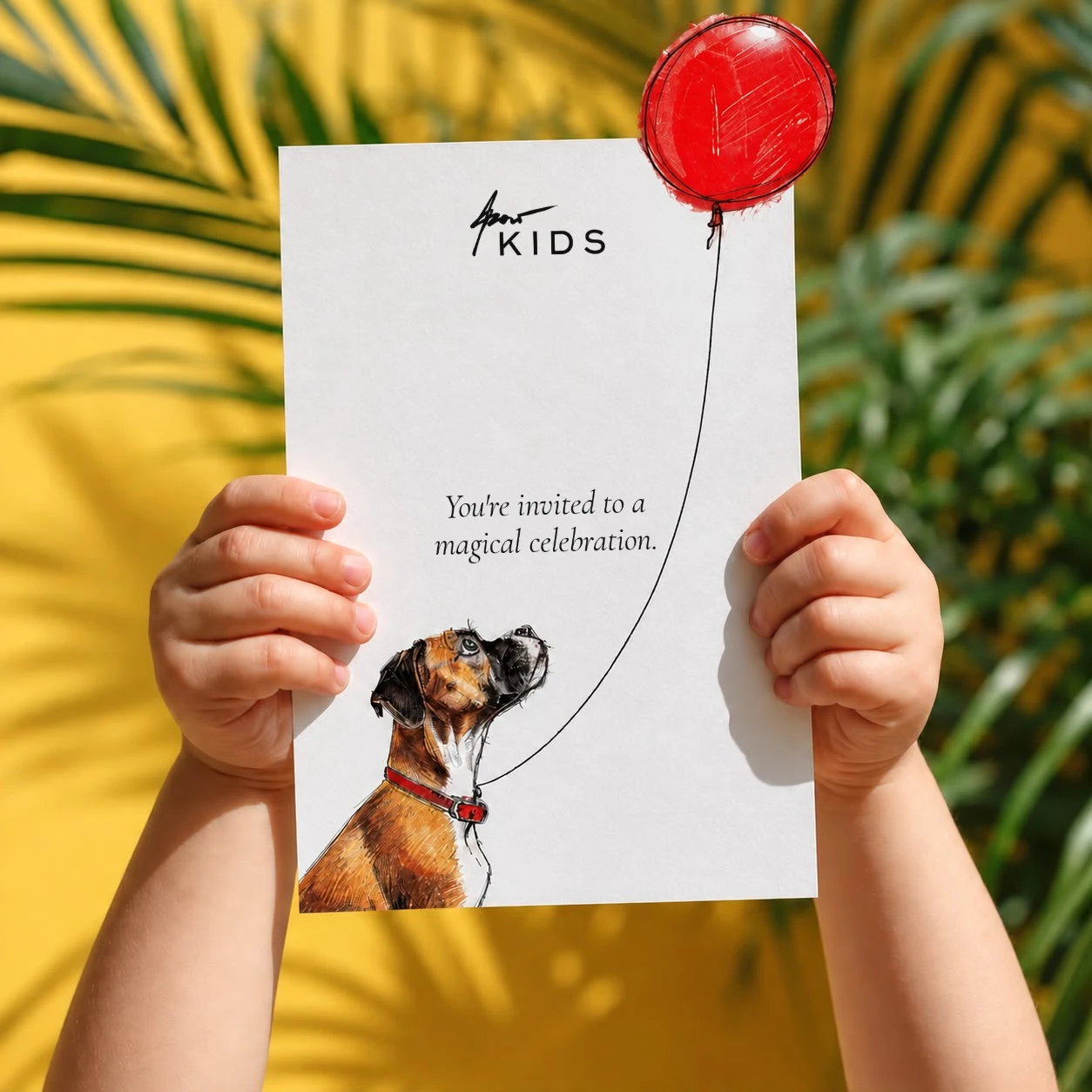 A child's hands holding an invitation card: Azar Kids, you're invited to a magical celebration, with a small boxer dog looking up at a red balloon that floats past the edge of the card