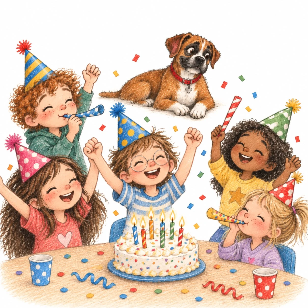 A hand-drawn illustration of children cheering around a birthday cake while the boxer watches quietly from behind