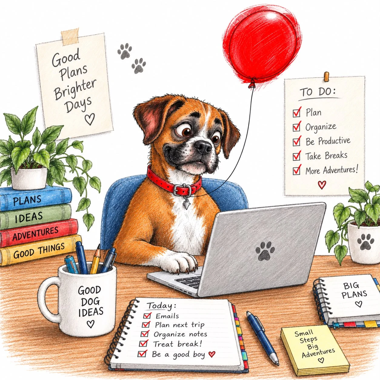 A hand-drawn illustration of the boxer at a desk with a laptop, notebooks and lists, planning
