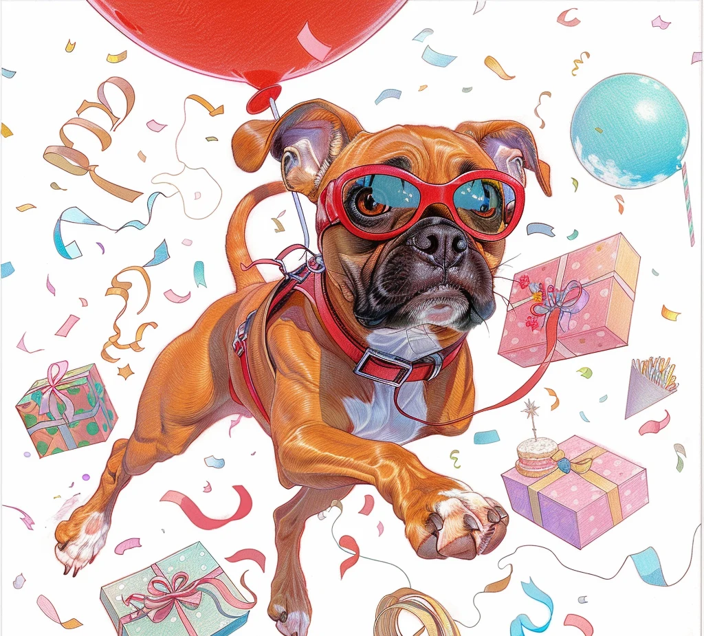 A hand-drawn illustration of the boxer leaping through confetti and gifts, wearing red goggles, the red balloon overhead