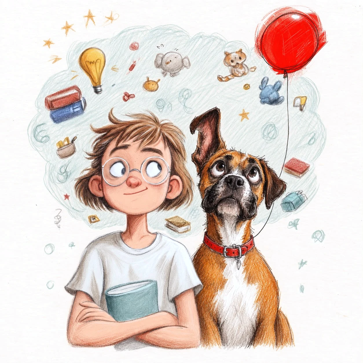 A hand-drawn illustration of a child imagining, with a boxer dog beside her, one ear raised, and a red balloon